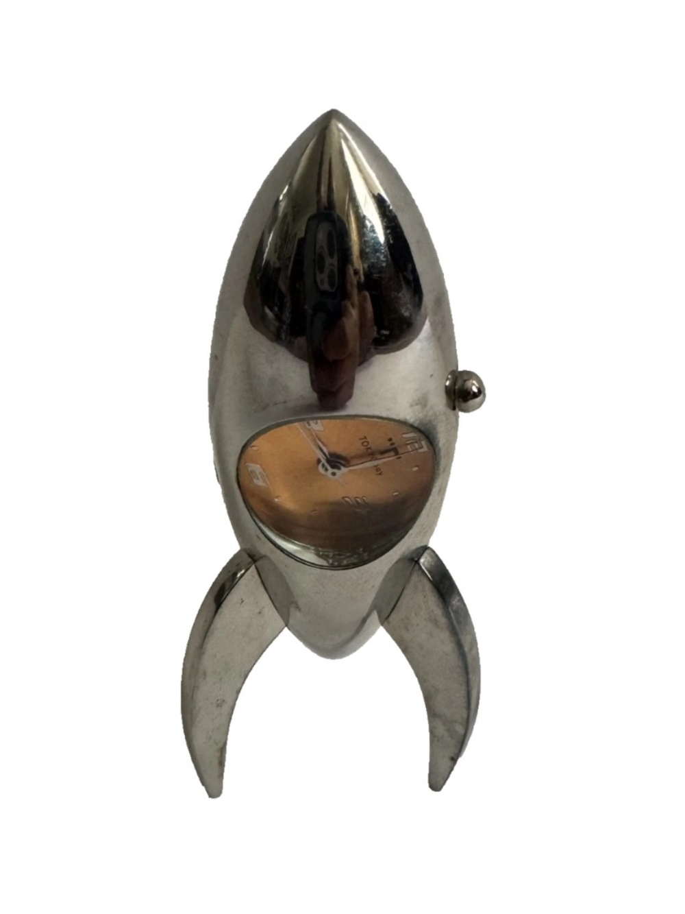 VTG MCM Tokyo Bay Rocket Shaped Desk Clock Stainless Steel Back Orange Dial READ